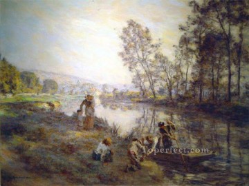  1920 Works - Figures by a Country Stream circa 1920 rural scenes peasant Leon Augustin Lhermitte